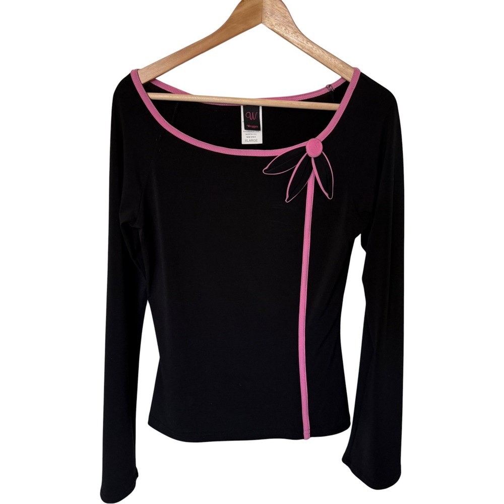 Wrapper Long Sleeve Top Women XL Black Pink Excellent Y2K Bow Trim 65SK2642X
